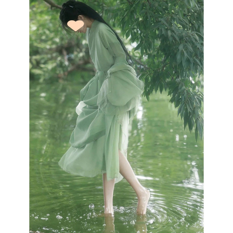 绿色素雅汉服女一整套魏晋交领古装仙气清新淡雅古风飘逸套装