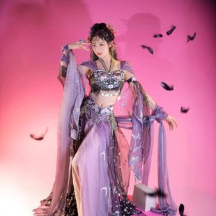 原创汉服紫鸢异域风渐变色立裁刺绣舞蹈服诃子一片破烂裙日常款