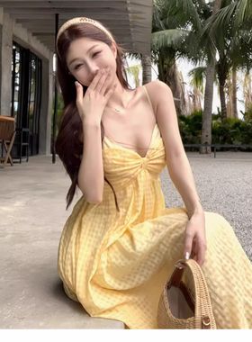 欧美跨境亚马逊性感露背海边度假沙滩长裙法式黄色格子吊带