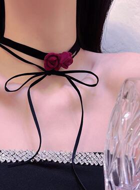 法式复古红色丝绒花朵项链女优雅气质设计感choker锁骨链耳饰颈链