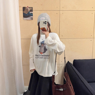 韩版卡通印花宽松慵懒风绒衫T恤 冬季新款磨毛上衣圆领显瘦打底女