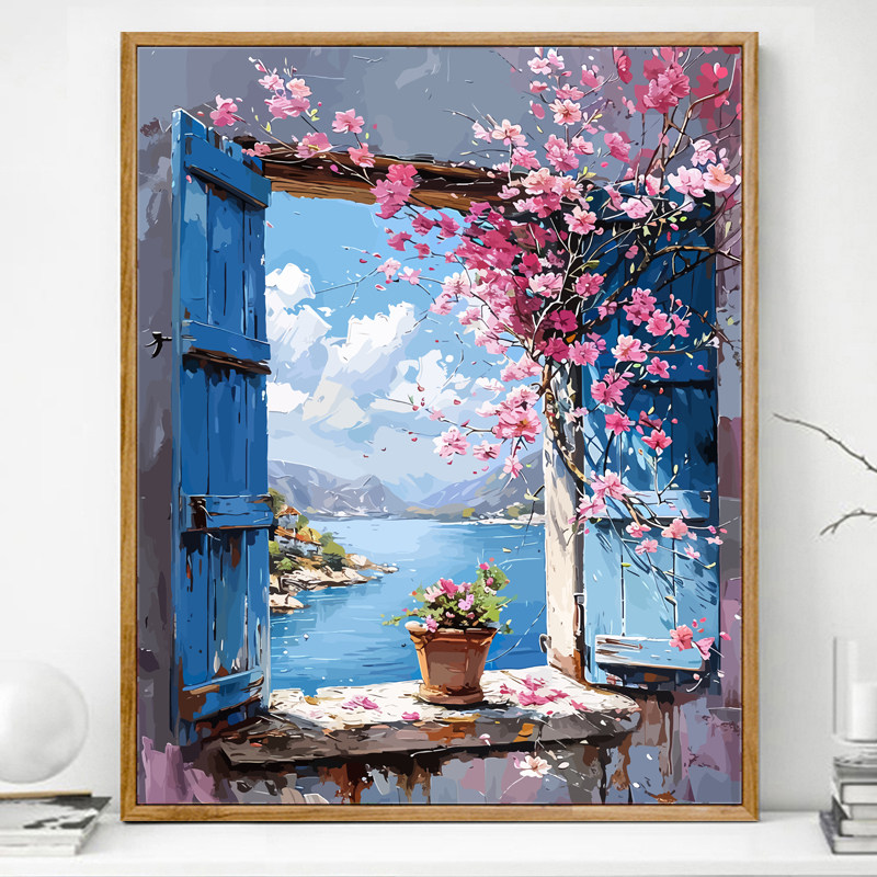 窗台花卉风景数字油画diy填充画画填色2024新款丙烯油彩手工手绘