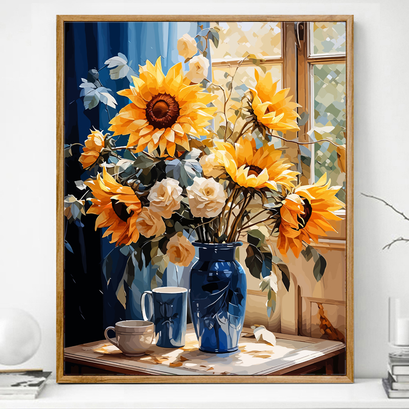 瓶中花向日葵数字油画diy填充画画填色丙烯涂色手工花卉油彩风景