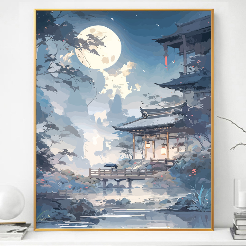 月满西楼中国风古风画画diy数字油画填充填色丙烯手工手绘油彩画