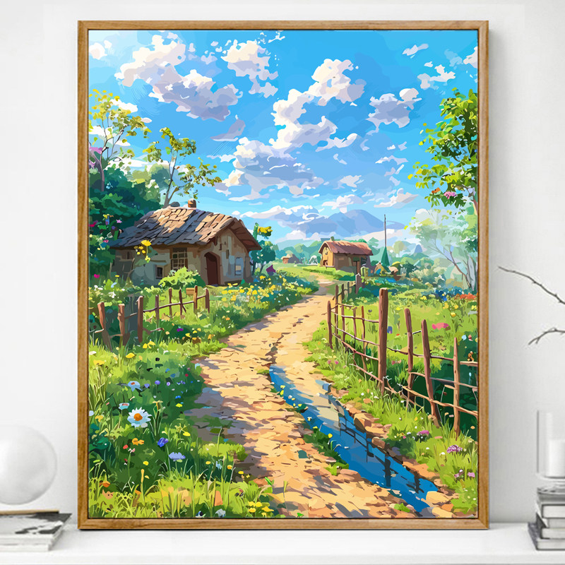 田园乡间小路治愈系数字油画diy填充画画填色油彩画丙烯手工手绘