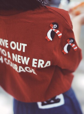 日系DD小企鹅T恤2025夏季新款儿童纯棉短袖t恤红色中大童半袖体恤