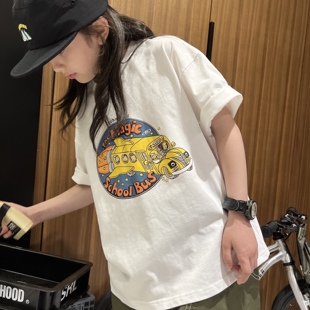 清爽白色校园巴士印花夏款男女儿童舒适全棉宽松透气薄款短袖T恤
