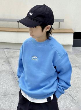 蓝色加厚卫衣男童秋冬款男孩中大童奥粒绒高品质保暖休闲内搭上衣