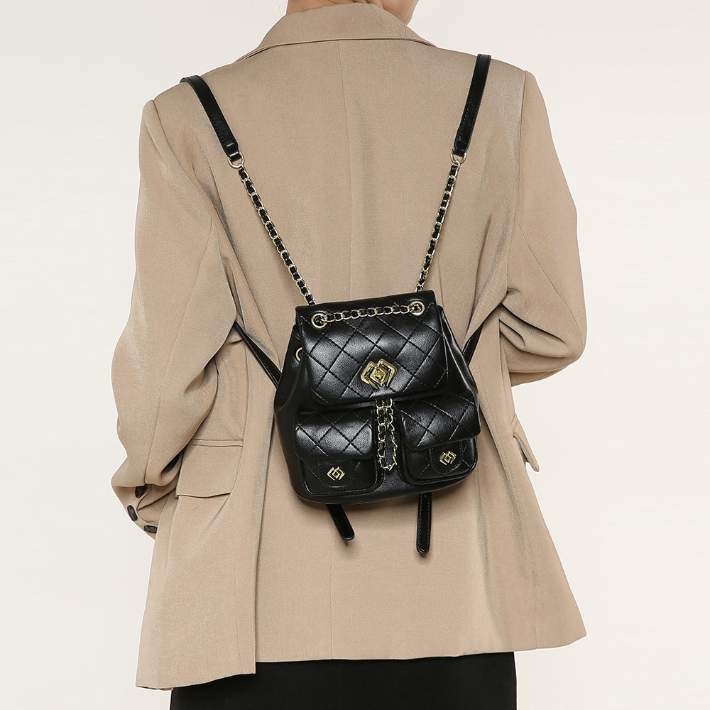 香港代购真皮女包2025新款潮小香风菱格链条双肩包时尚迷你小背包