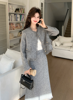 新款现货灰色撒银小香风流苏外套半身裙套装2B235-9212-P195-K308