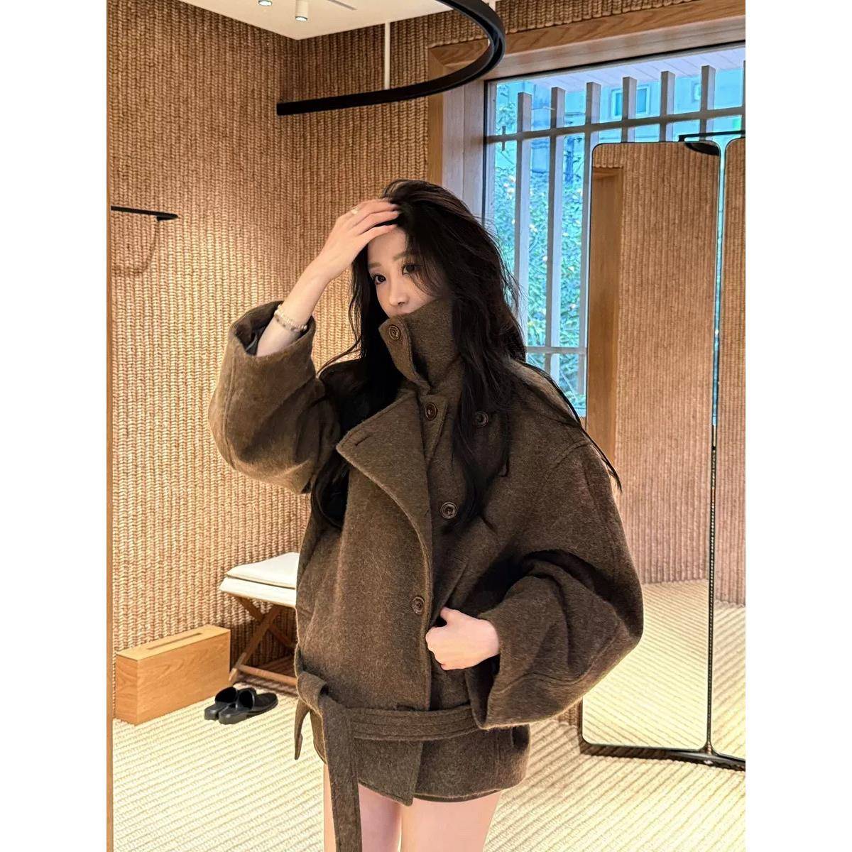 棕色双面羊绒立领毛呢外套女冬季新款高级感气质短款加厚呢子大衣