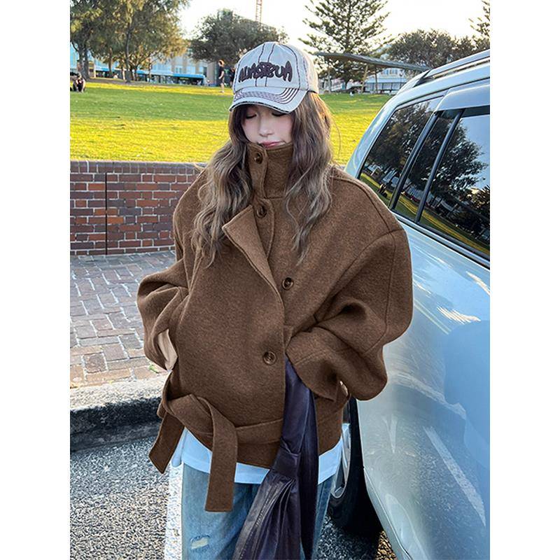 羊绒呢子大衣女羽绒服内胆2025冬季韩系棕色小个子短款羊毛呢外套