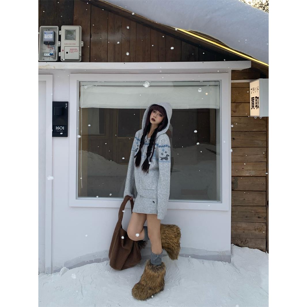 195大喜 美式小狗提花连帽针织毛衣外套女秋冬百搭慵懒休闲短裙潮