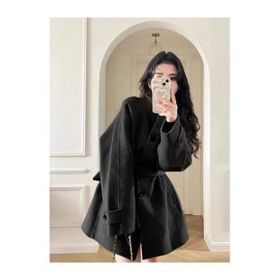 系带小个子中长款 韩版 赫本风呢子外套 新款 卡其色毛呢大衣女秋冬装