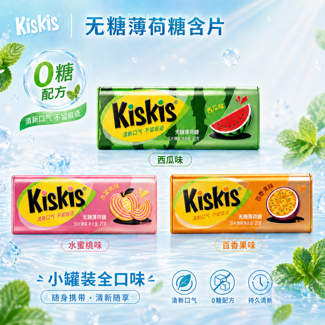 酷滋KisKis无糖薄荷糖清新口气百香果水蜜桃小罐装糖果