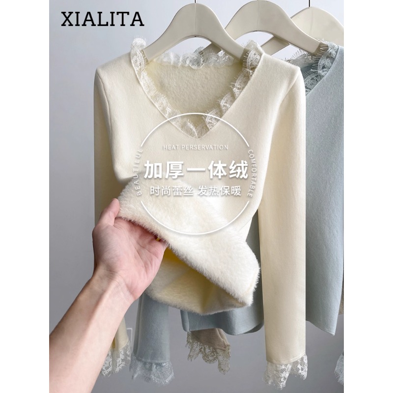 V领蕾丝针织打底衫女加绒加厚一体绒内搭2025新款秋冬季洋气上衣