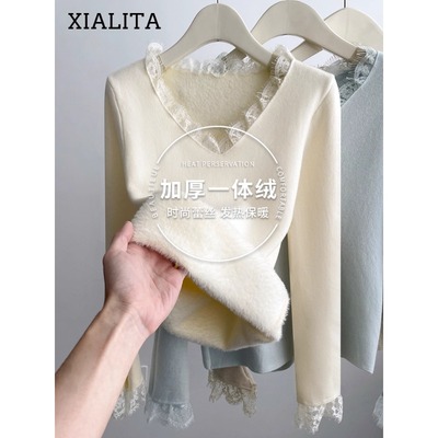 V领蕾丝针织打底衫女加绒加厚一体绒内搭2025新款秋冬季洋气上衣