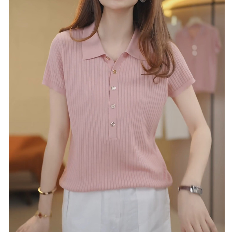 POLO领百搭冰丝薄款针织衫短袖T恤女夏新款显瘦简约纯色大码上衣