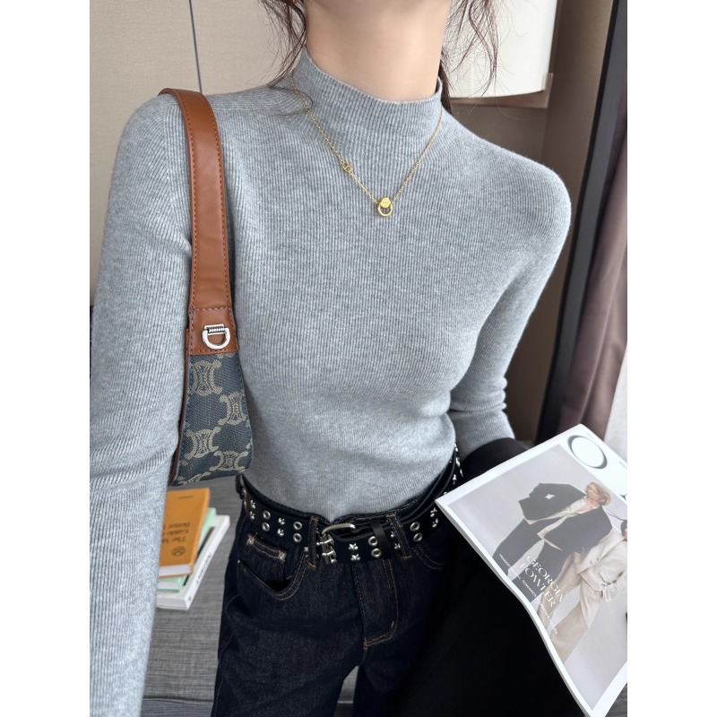 浅灰色半高领打底衫女装内搭毛衣2025秋冬季新款针织修身显瘦上衣