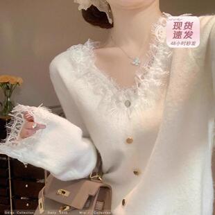 女秋冬纯欲内搭毛衣软糯针织衫 miu系奶fufu蕾丝拼接v领打底衫 上衣