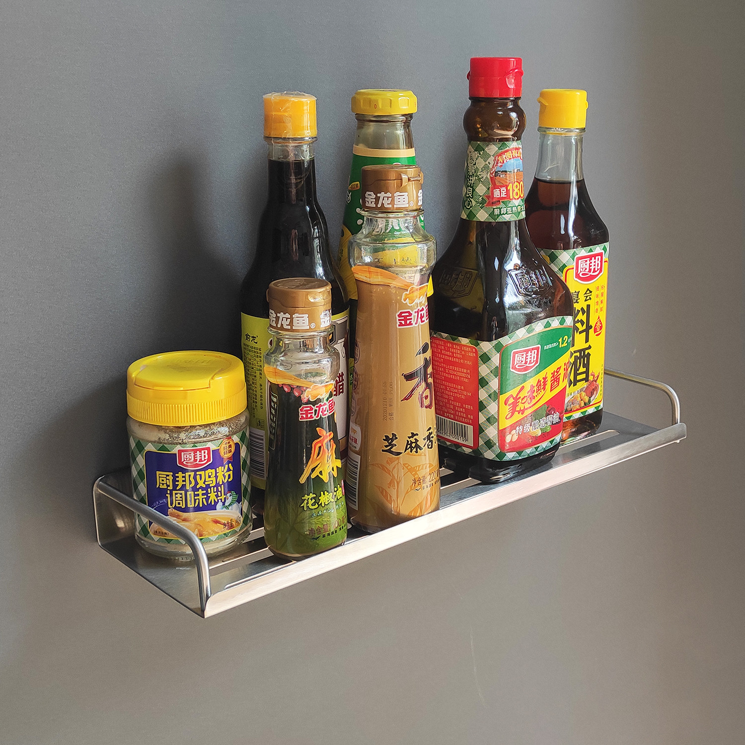 加厚304不锈钢单层厨房调味瓶收纳架壁挂墙上浴室架子角架置物架