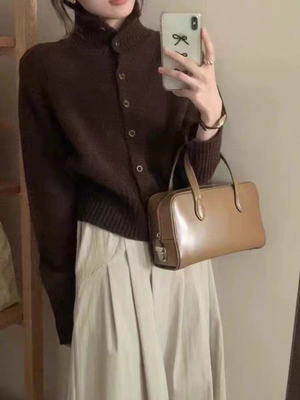 法式高领开衫女短款秋冬款打底羊绒针织衫收腰小个子复古羊毛外套