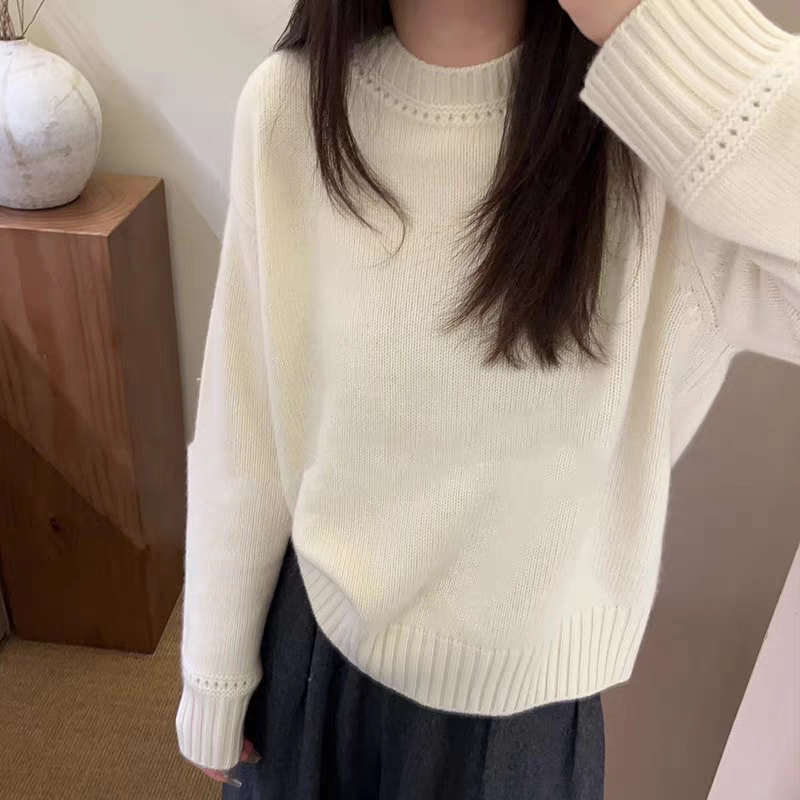 秋冬圆领羊绒衫女加厚宽松新款毛衣高级感超好看针织天空蓝羊毛衫