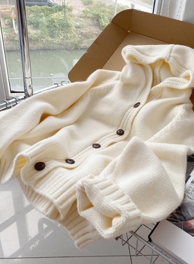 LEAVES叶子冬季保暖韩系简约百搭针织开衫女宽松显瘦连帽毛衣外套