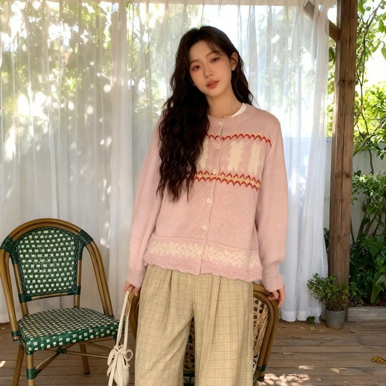 陆小团团撞色提花毛衣开衫女韩系甜美复古百搭减龄设计感休闲上衣,女装/女士精品,毛衣,淘宝优惠券,粉丝福利购,淘宝优惠卷