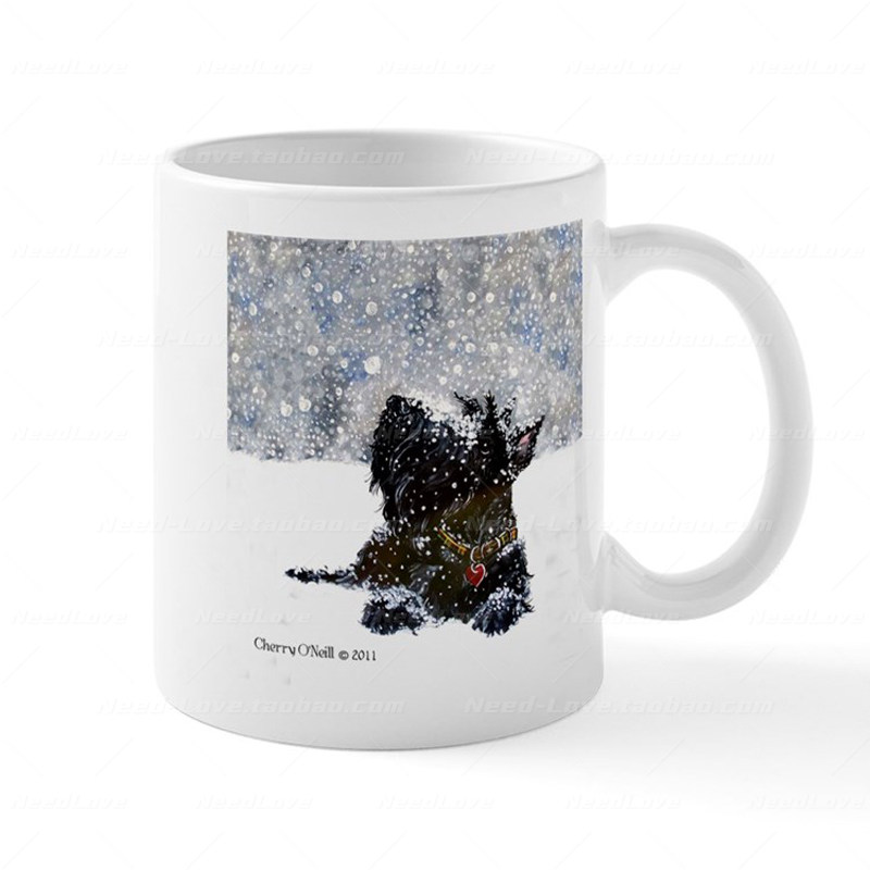 雪中的黑色雪纳瑞犬陶瓷马克杯家用情侣喝水杯子宠物犬狗奴礼物