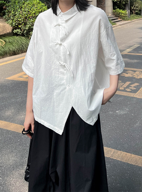 Luciferous 小众设计感新中式盘扣斜门襟衬衫肌理感棉麻上衣女夏