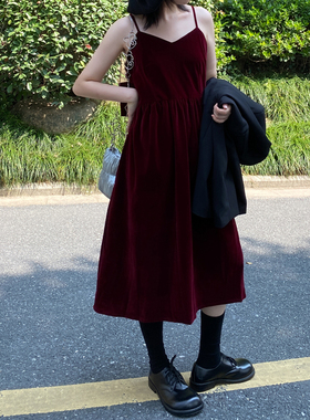 Luciferous 小众复古金丝绒吊带连衣裙后背超大蝴蝶结露背中长裙