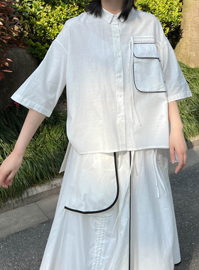 Luciferous 夏季新款日系小众设计师大口袋短袖衬衫休闲百搭上衣