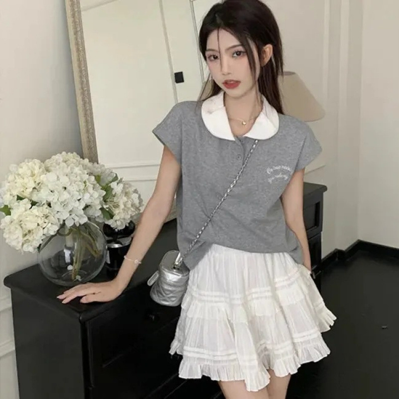 休闲时尚套装女春季2025新款polo领减龄撞色短袖T恤+百搭半身