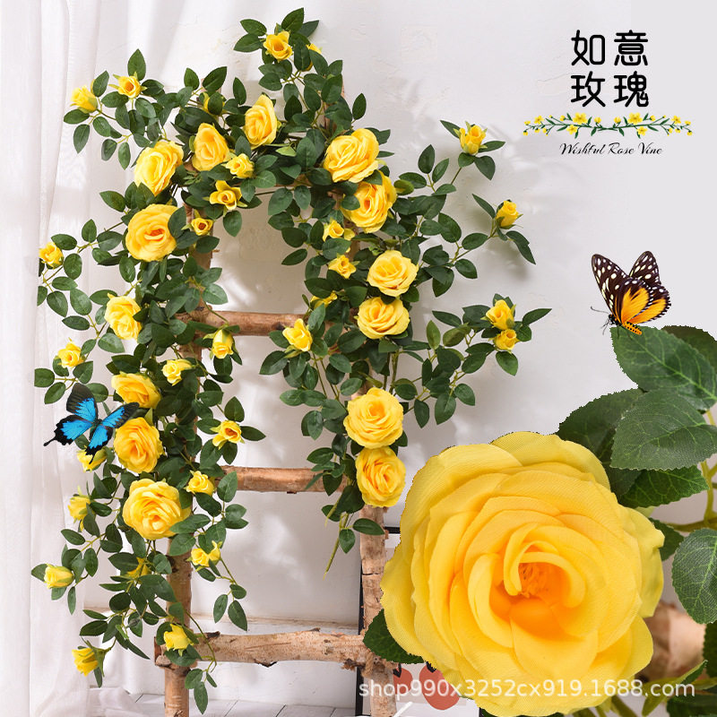 仿真玫瑰花藤网红打卡墙面装饰造景室内软装空调管道遮挡铁丝藤蔓
