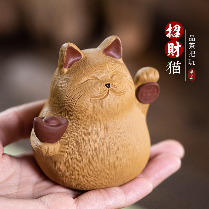 宜兴紫砂茶宠猫摆件雕塑