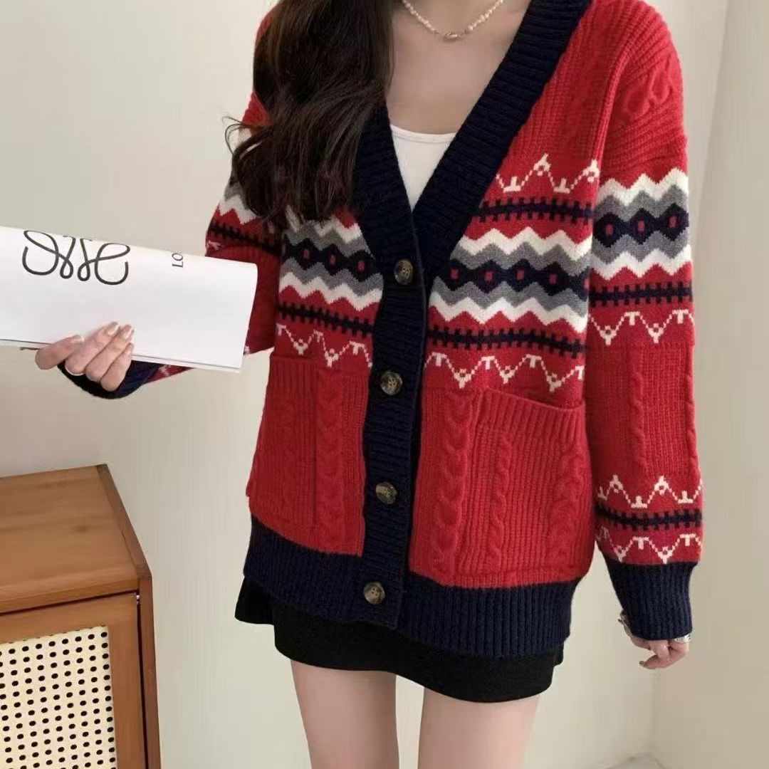 复古费尔岛风提花针织开衫女