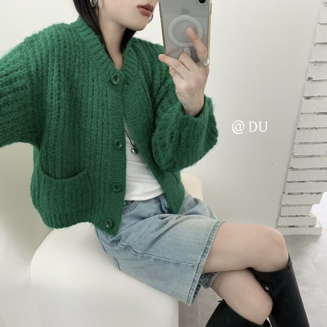 韩版宽松圆领拼接针织开衫女