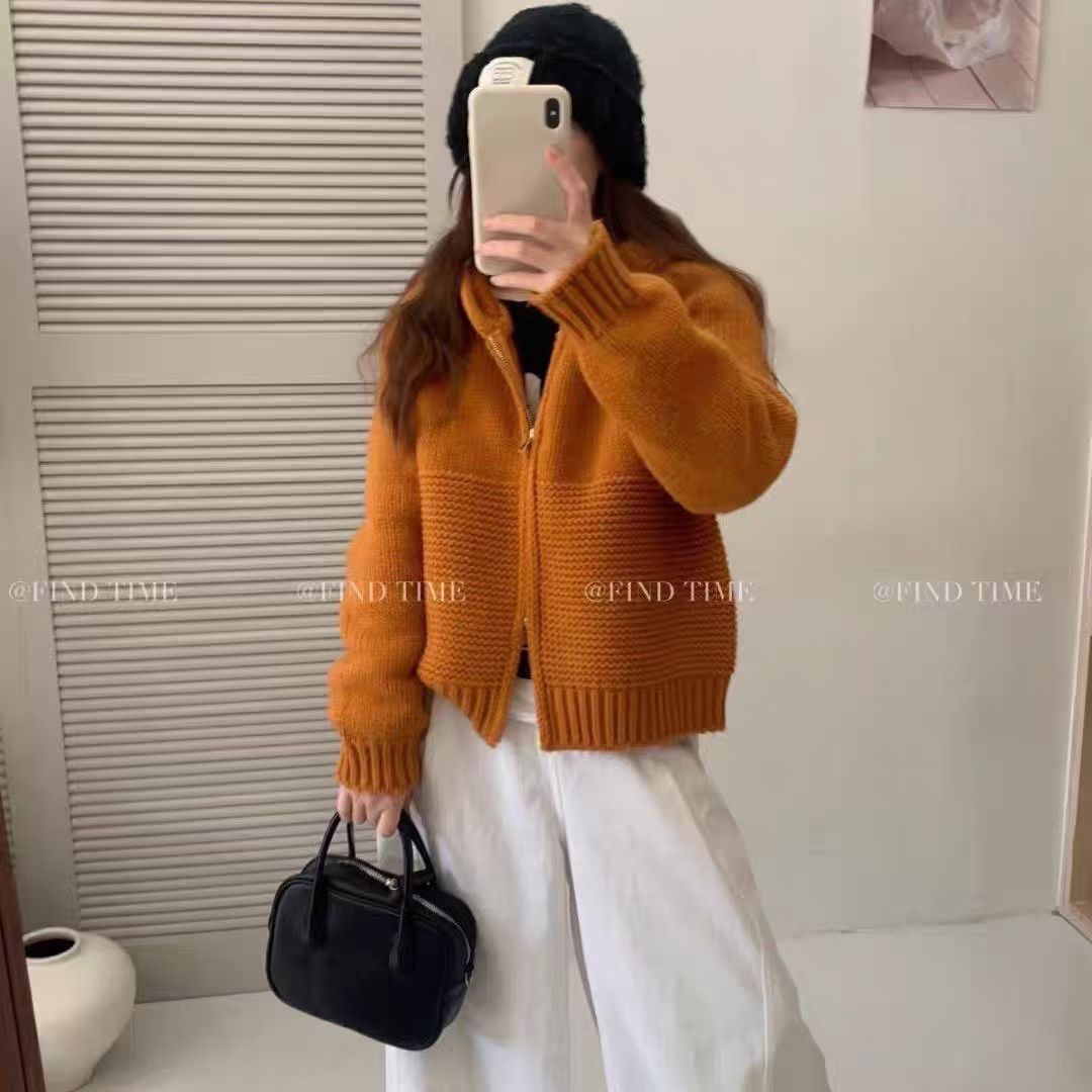 连帽拉链针织开衫女短款