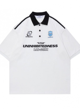 夏季新款美式复古刺绣徽章短袖T恤男ins港风polo衫潮牌翻领上衣