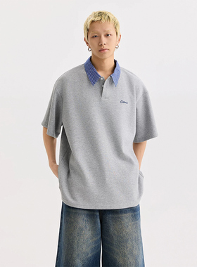 美式简约撞色格子拼接短袖t恤男女2025夏季新款POLO领上衣体恤衫