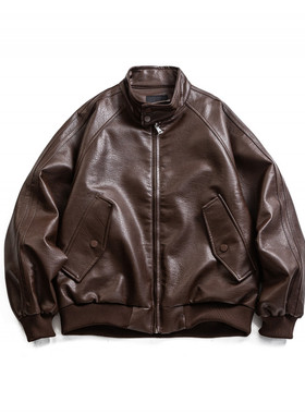 短款机车服夹克男秋季潮牌宽松痞帅美拉德立领外套高级感短款皮衣