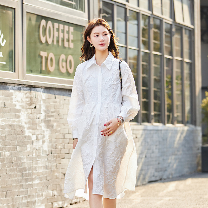 孕妇装时尚提花长袖翻领衬衫连衣裙宽松大码2026春秋新款孕妇裙