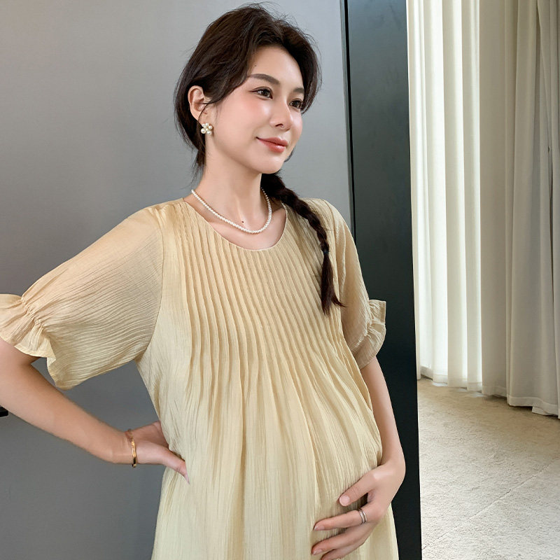 孕妇装夏装新款连衣裙时髦简约中长款宽松显瘦潮妈短袖孕妇裙子