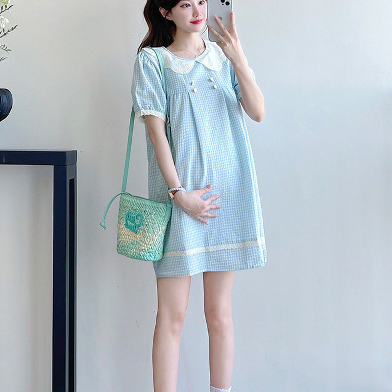 孕妇装夏季连衣裙蓝色格子泡泡袖小个子女洋气百搭法式A字裙