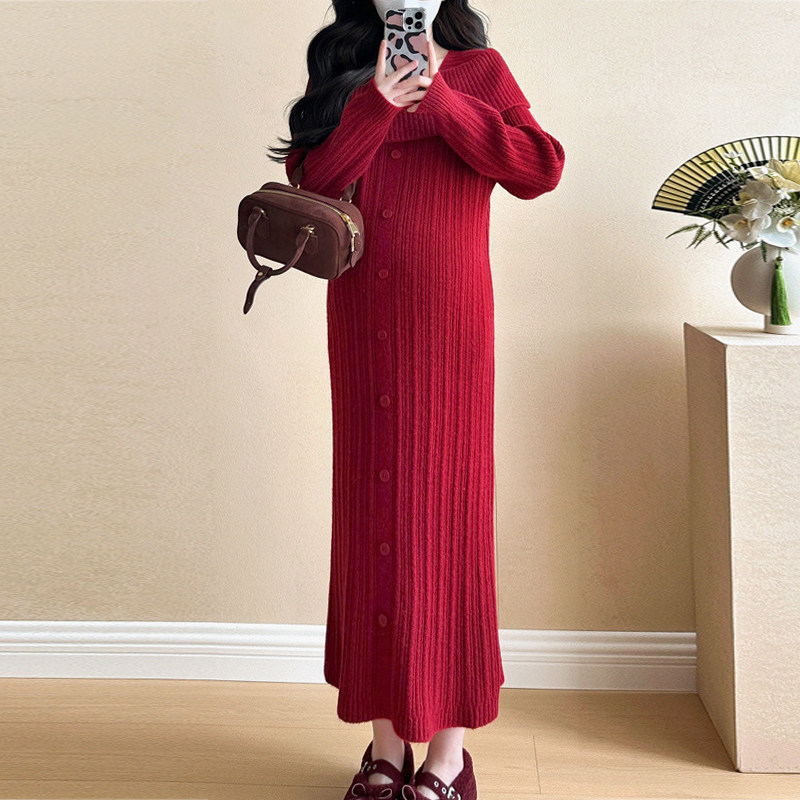 孕妇装秋冬连衣裙淑女风翻领长袖针织连衣裙女红色修身长款孕妇裙