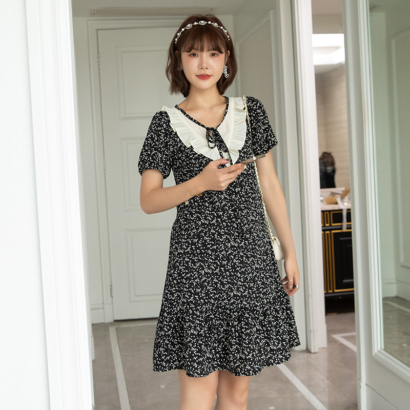 小个子法式宽松短裙拼接连衣裙女孕妇装遮肚撞色娃娃领夏季洋气