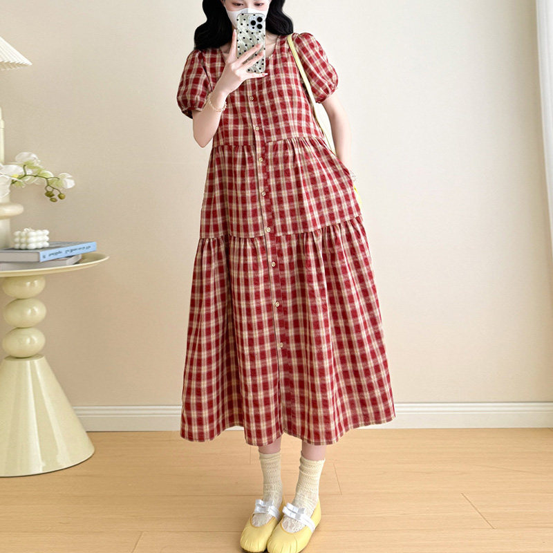 孕妇装夏季新款时尚设计感短袖宽松孕妇连衣裙夏天裙子格子孕妇裙