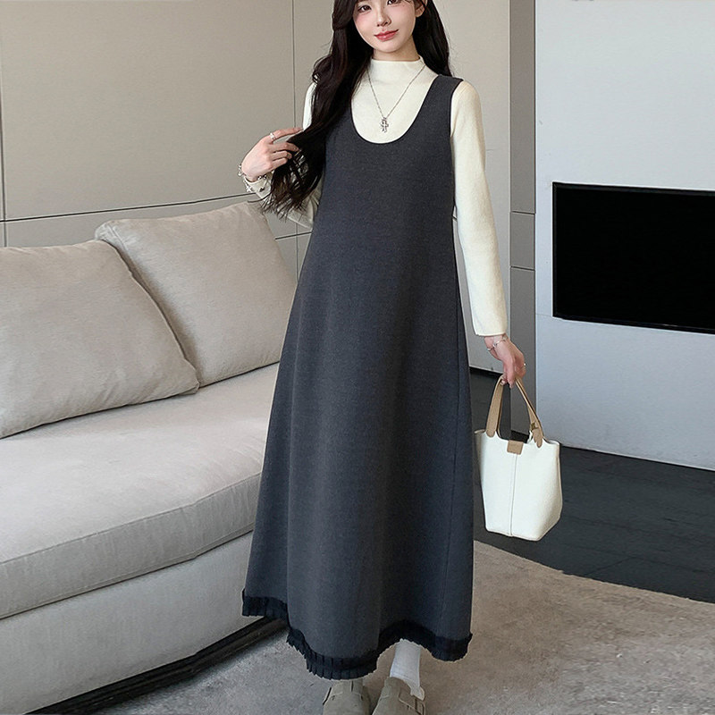 孕妇装背心裙春秋新款韩版毛呢花边裙摆裙子+中领打底上衣两件套