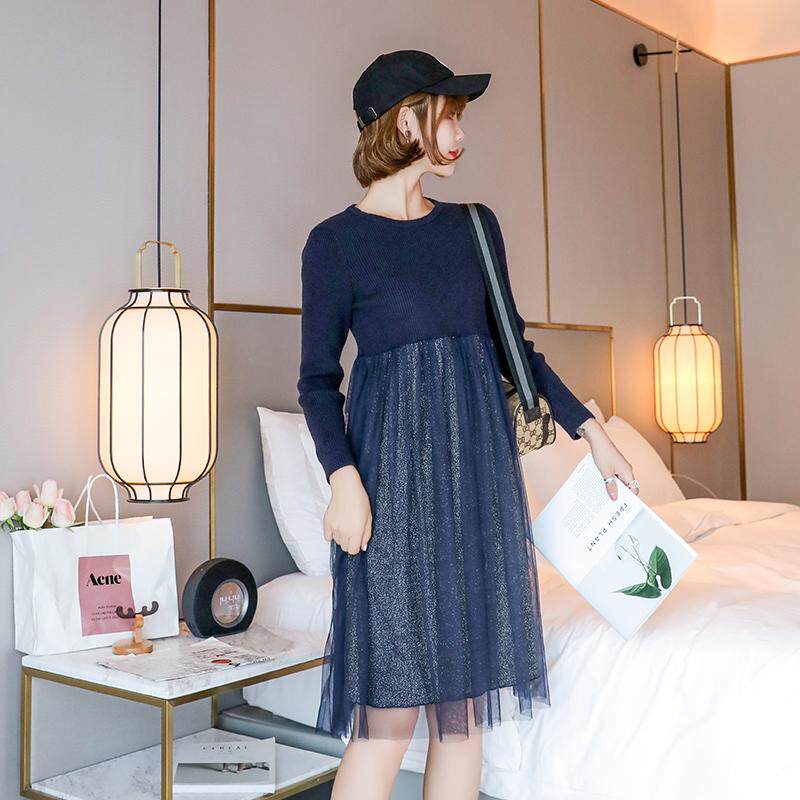 孕妇连衣裙针织拼接网纱仙女裙2026春秋新款小个子百搭洋气打底裙